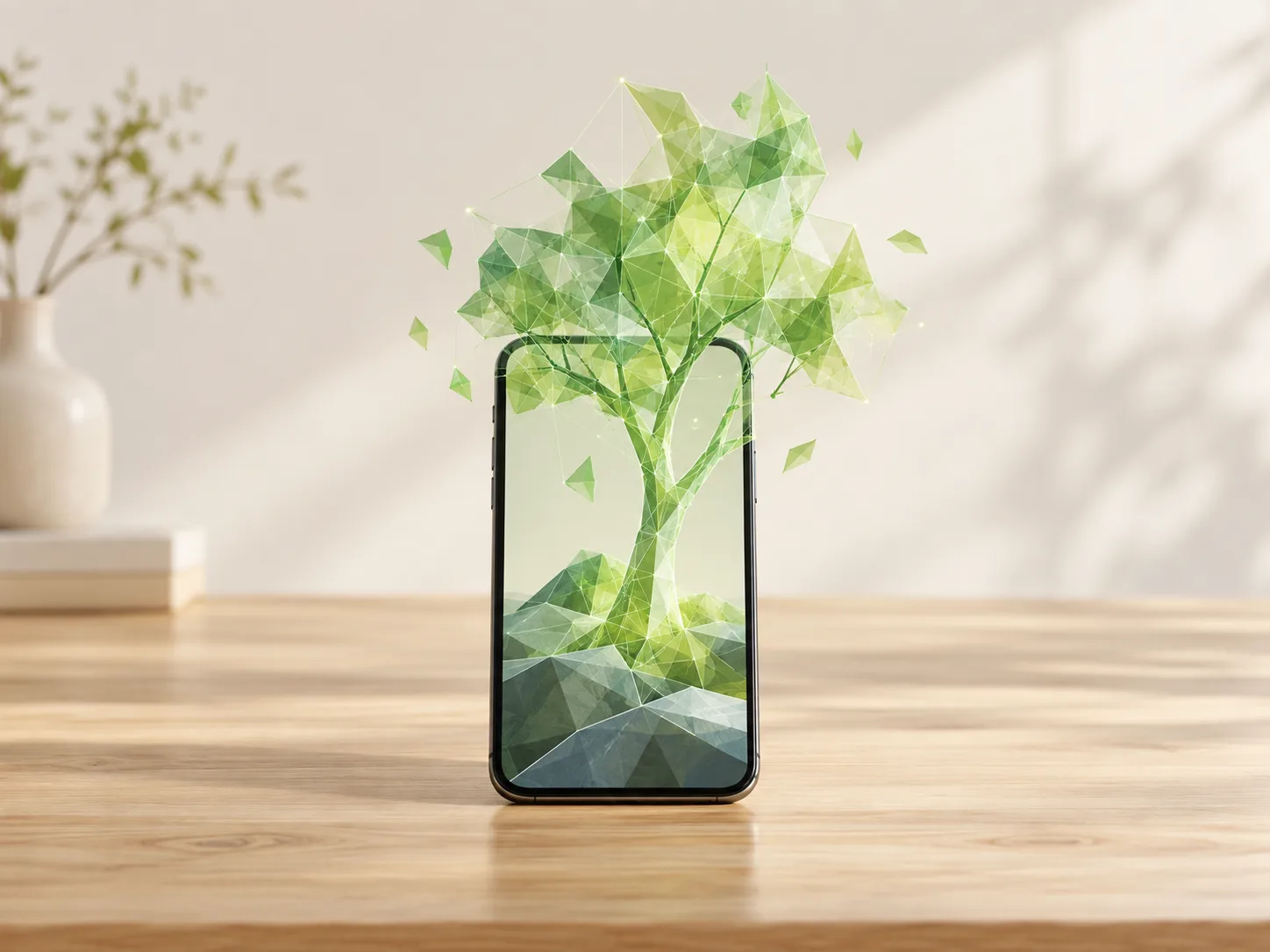 スマートフォンの画面の中で、現実の風景に3Dのオブジェクトが重なって見えるイメージ